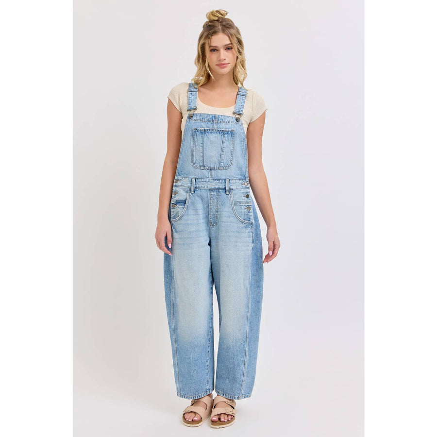 JACEY LIGHT WASH DENIM BARREL OVERALLS
