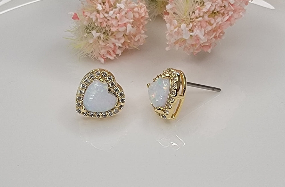 WHITE OPAL HEART POST EARRINGS

