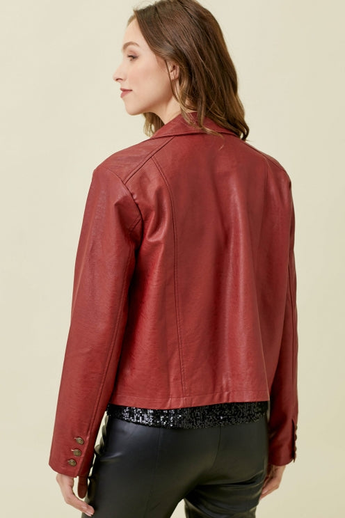 RED GOING PLACES FAUX LEATHER JACKET