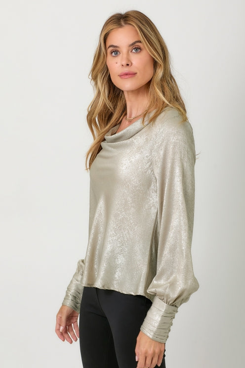 CHAMPAGNE METALLIC COWL BLOUSE