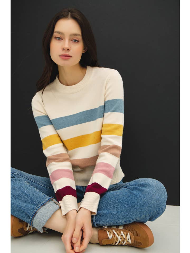 IVORY MULTI STRIPE CREWNECK SWEATER