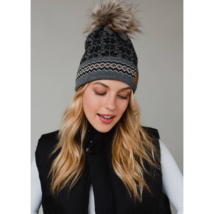 BLACK GREY & TAN SNOWFLAKE POM HAT