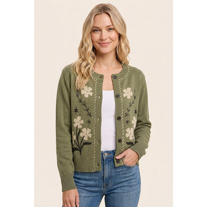 OLIVE FLORAL BUTTON FRONT CARDIGAN