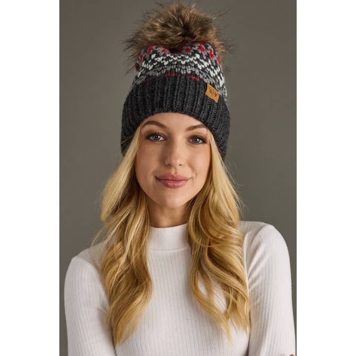 DARK GREY, RED AND WHITE POM HAT