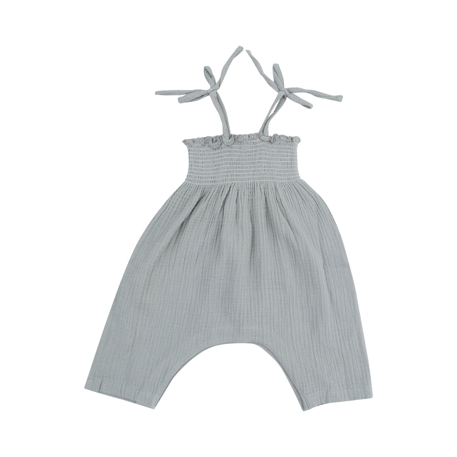 SLATE GRAY TIE STRAP SMOCKED ROMPER
