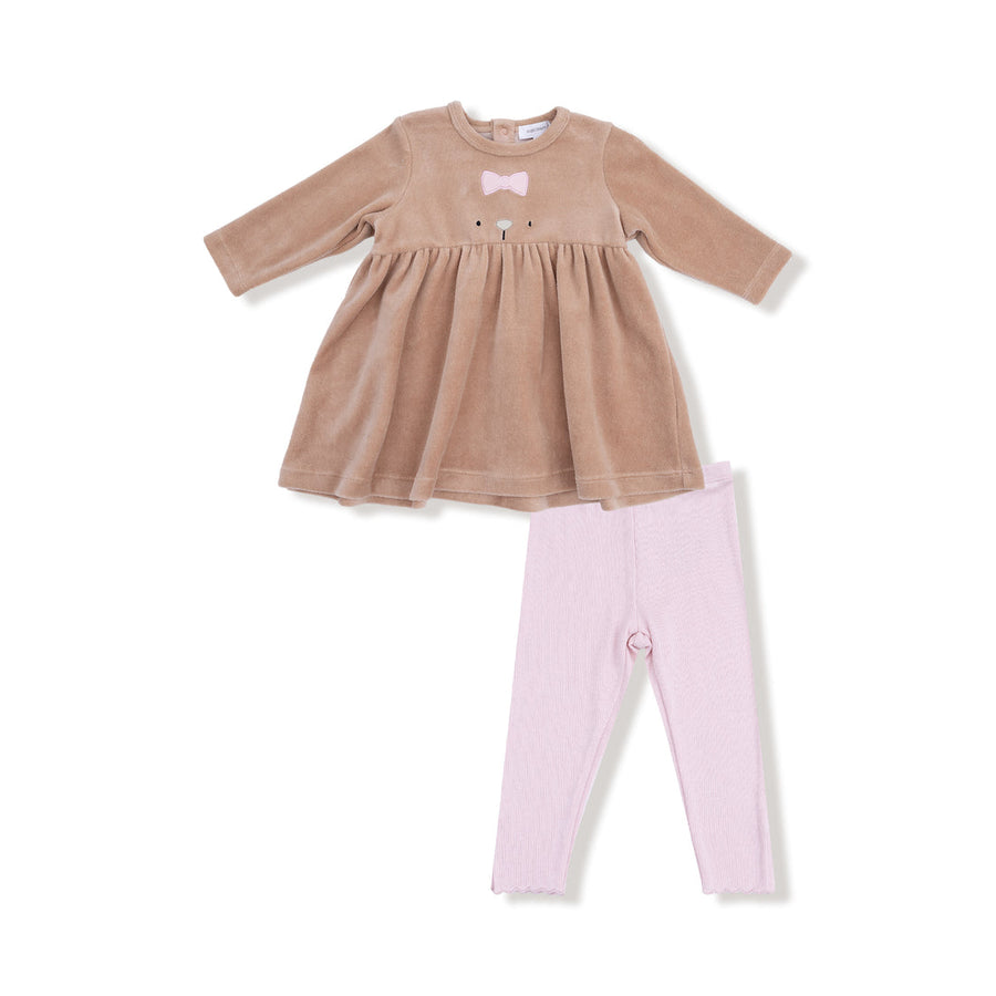 VELOUR TEDDY BEAR DRESS + RIBBED LEGGINGS
