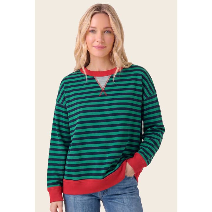 GREEN & RED COLOR POP STRIPE CREW SWEATSHIRT