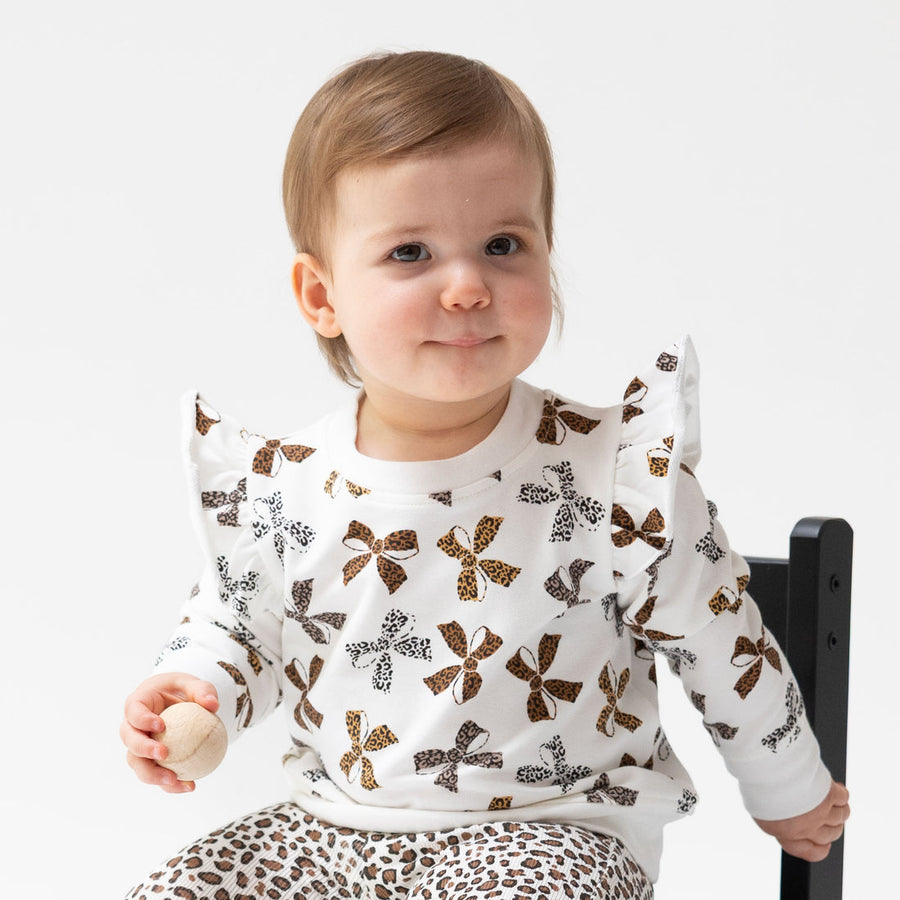 LEOPARD BOWS FRENCH TERRY RUFFLE SWEATSHIRT
