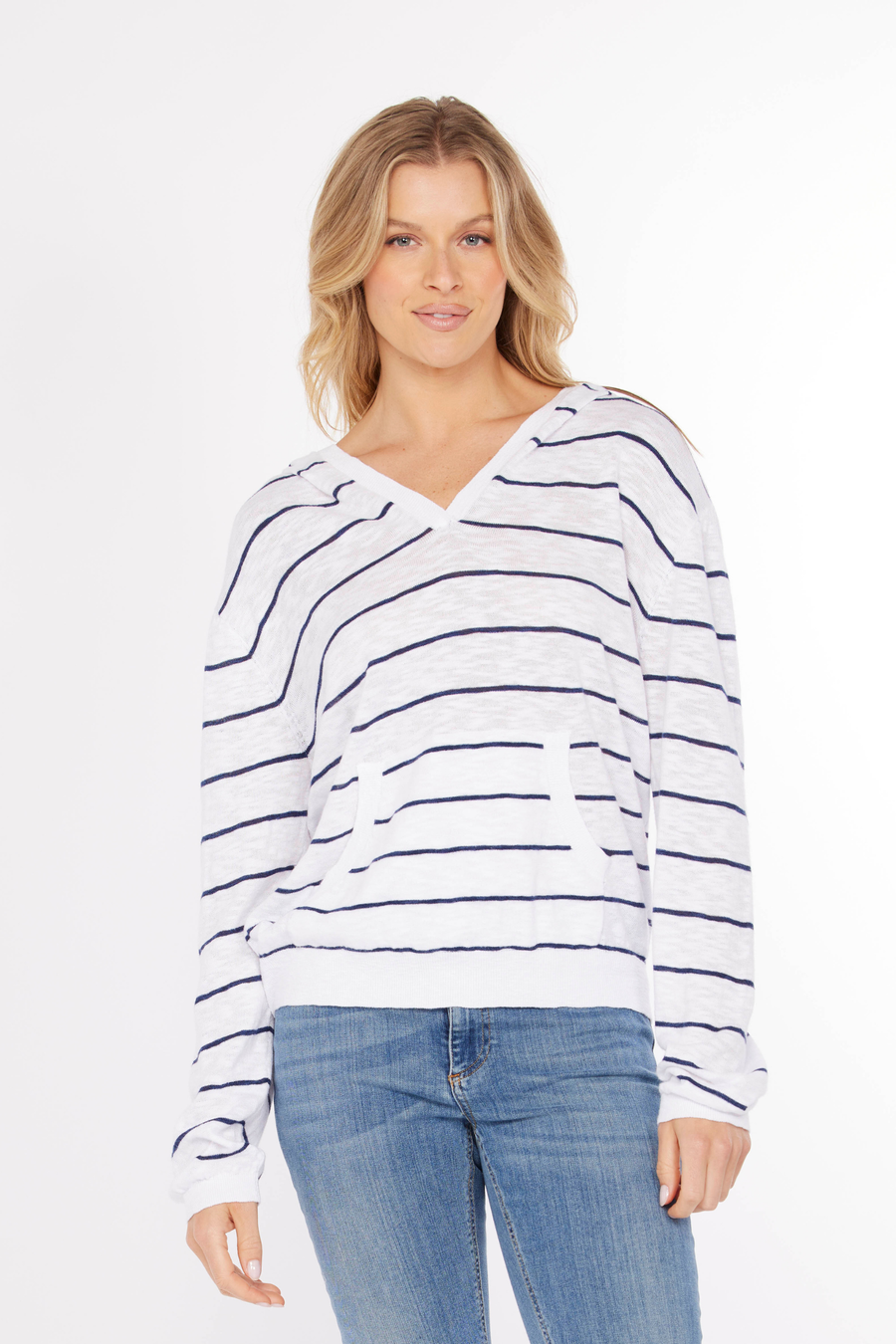 WHITE & VIBRANT NAVY LONG SLEEVE HOODIE SWEATER
