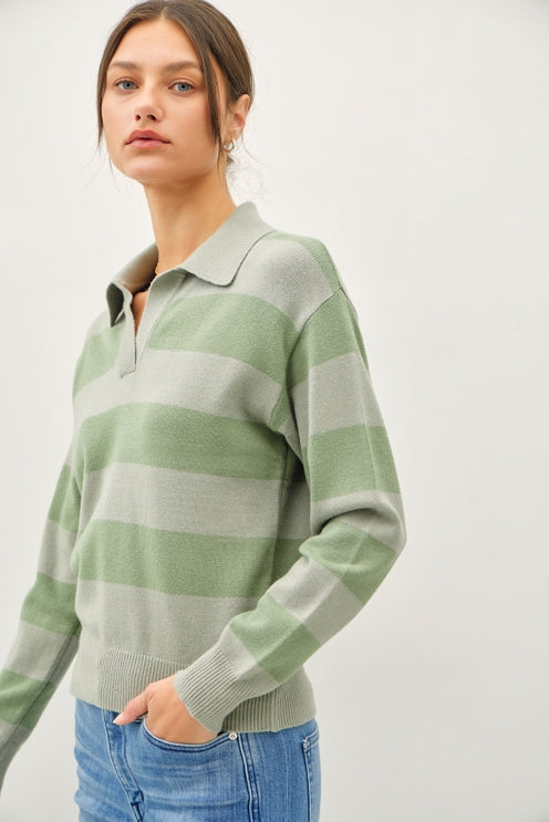 GREEN TEA STRIPE POLO KNIT SWEATER
