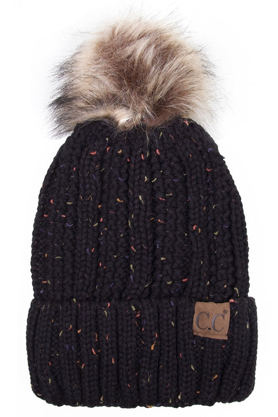 BLACK CONFETTI  CABLE KNIT POM HAT