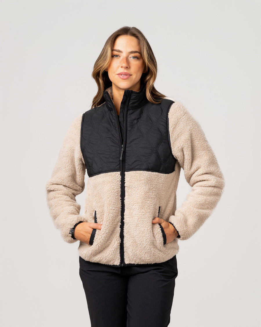 SAND BROWN/BLACK QUILTED TEDDY FLEECE JACKET
