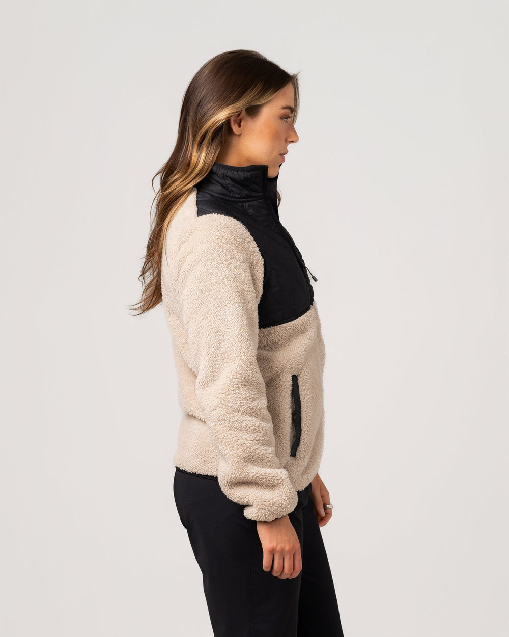 SAND BROWN/BLACK QUILTED TEDDY FLEECE JACKET
