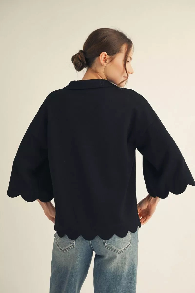 GABBIE BLACK KNIT TOP WITH SCALLOP HEM
