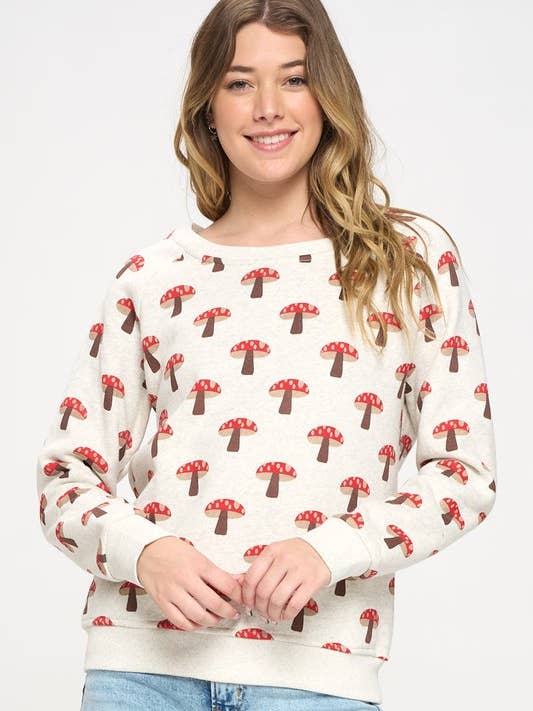 ALL OVER MUSHROOM PRINT CREW SWEATSHIRT