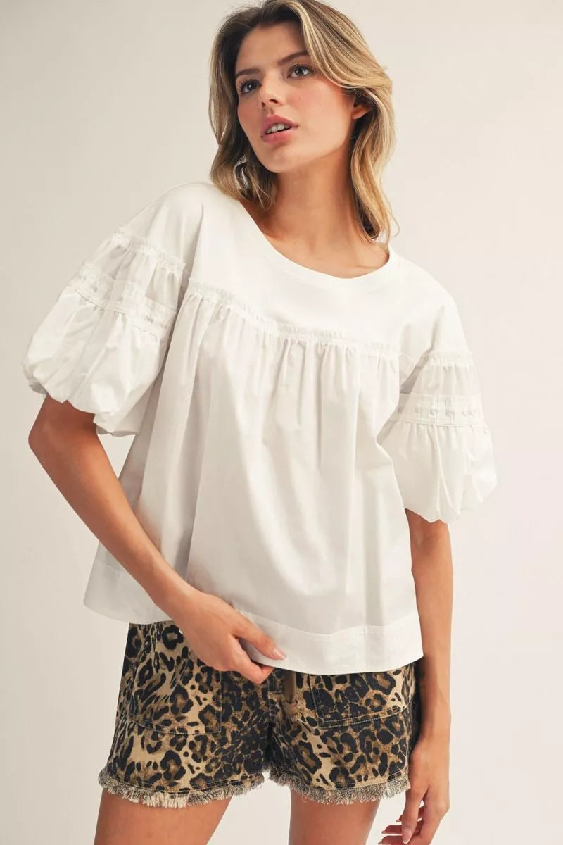 AMY SOLID WHITE SMOCKED SHORT SLEEVE TOP