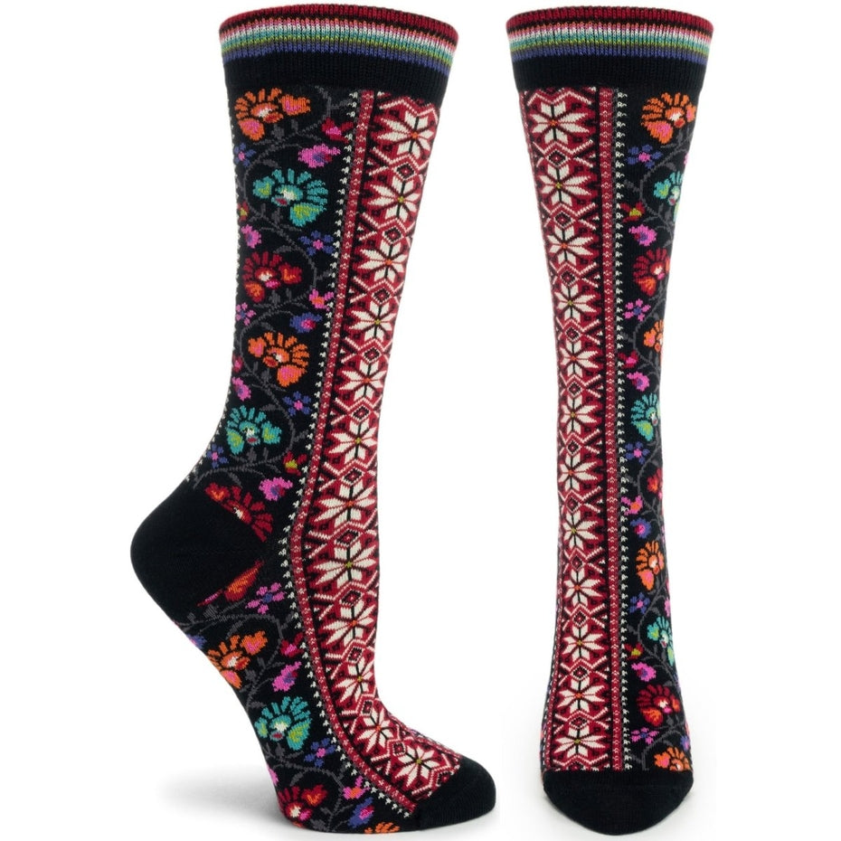 BLACK FLORAL RIBBON CREW SOCKS