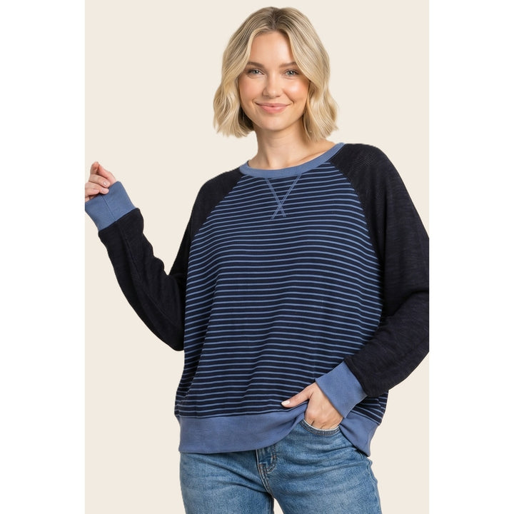 BLUE COLORBLOCK STRIPE CREW SWEATSHIRT
