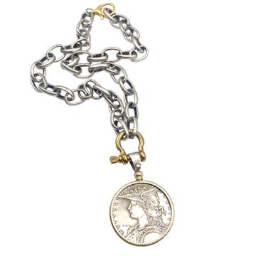 MIXED METAL VINTAGE COIN LINK PENDANT NECKLACE