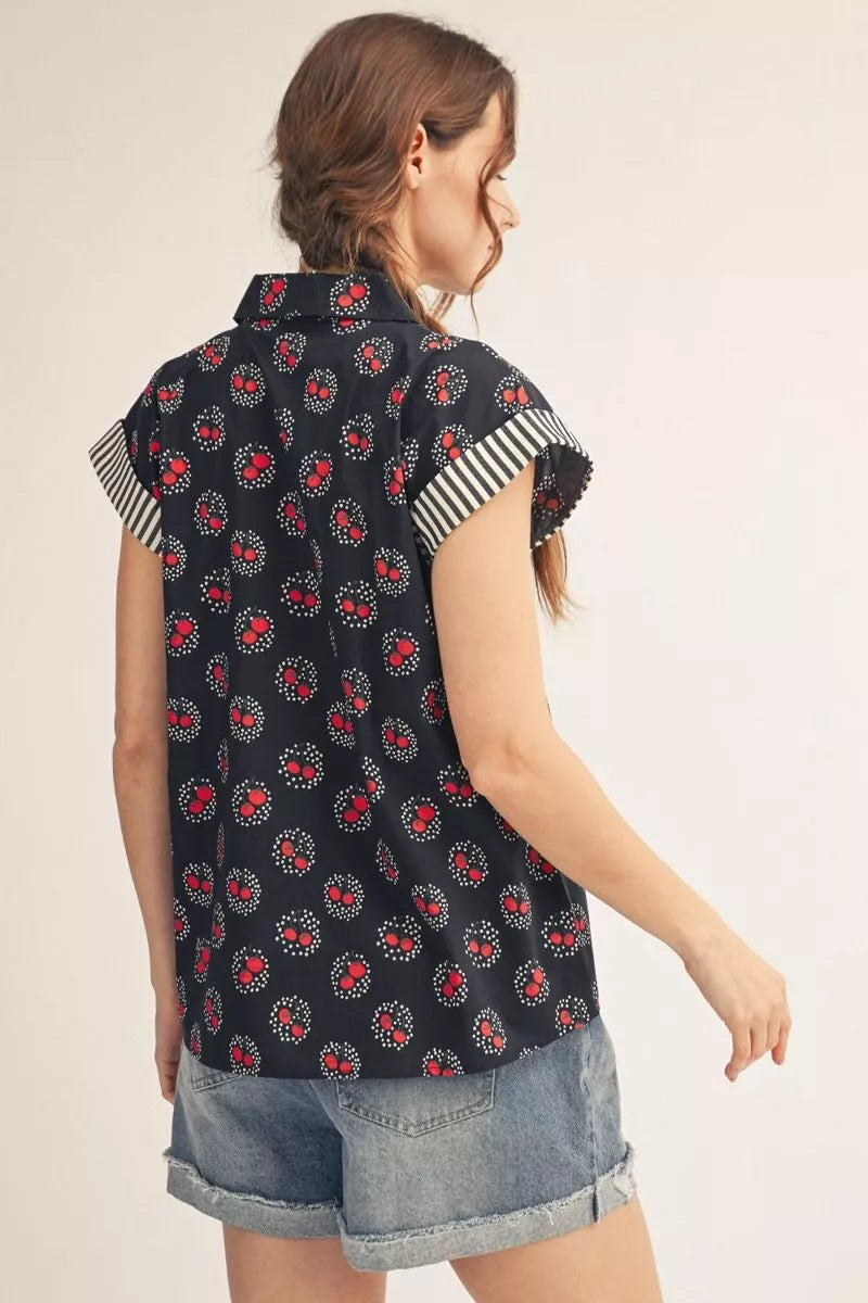 DOUBLE CHERRY PRINT SHORT SLEEVE WOVEN SHIRT