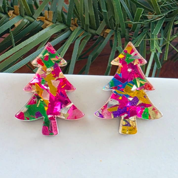 PINK TINSEL CHRISTMAS TREE STUD EARRINGS