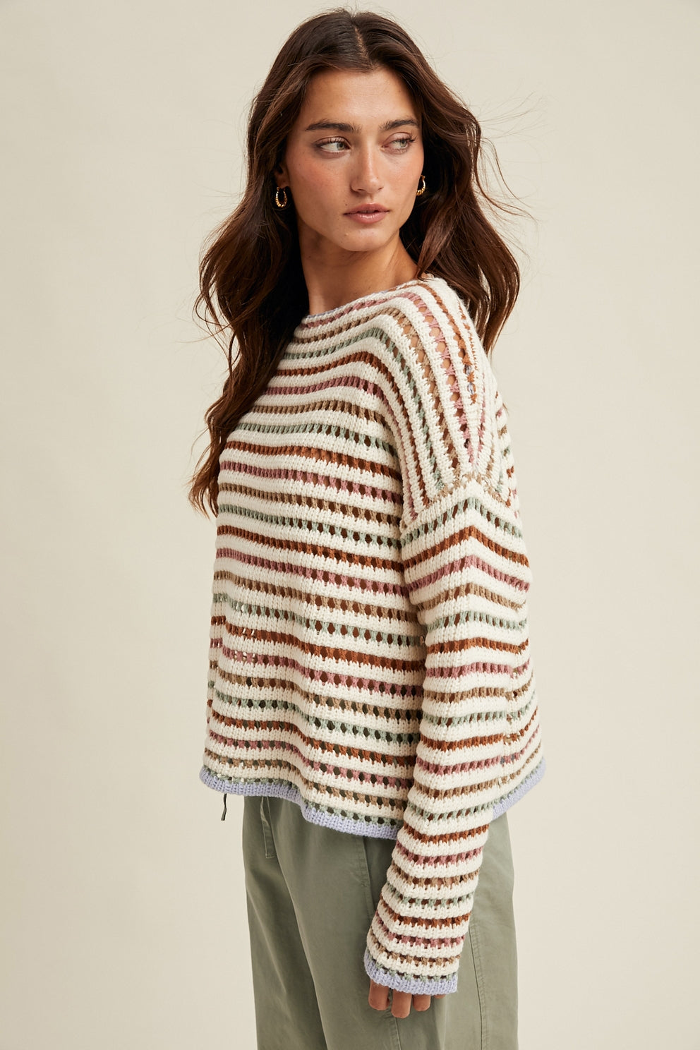 CARAMEL STRIPE CROCHET SWEATER
