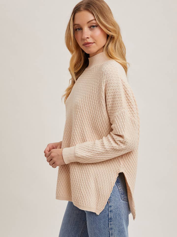 SHELL WAFFLE KNIT MOCK NECK SWEATER