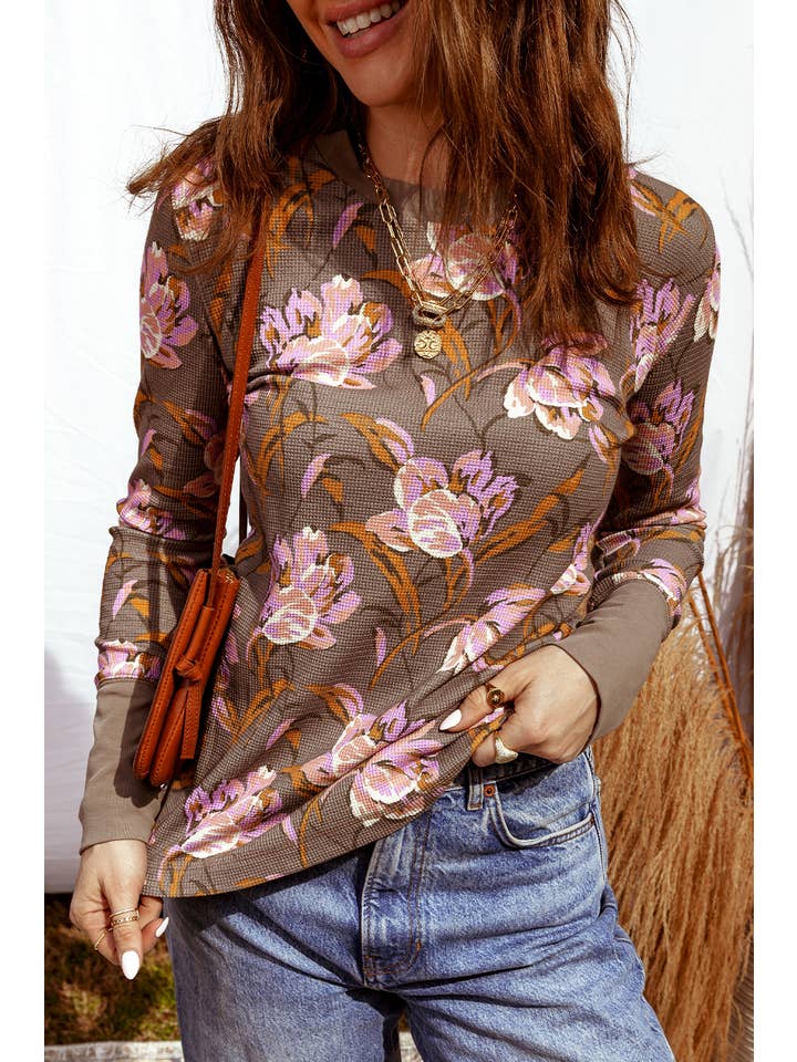 MOCHA FLORAL WAFFLE KNIT TOP
