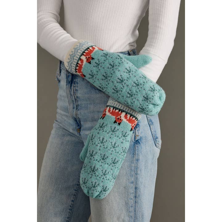 LIGHT BLUE FOX PATTERN MITTENS
