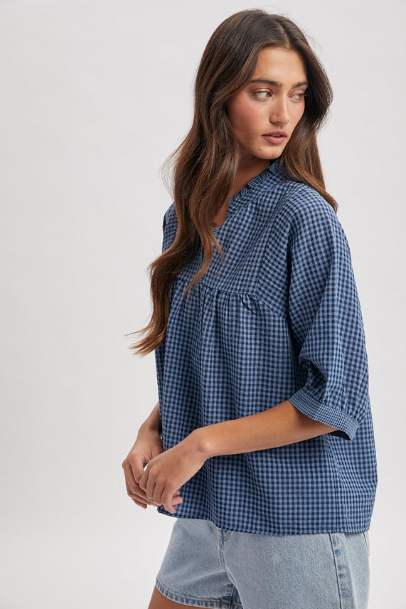 DENIM GINGHAM CHECK RUFFLE NECK TOP

