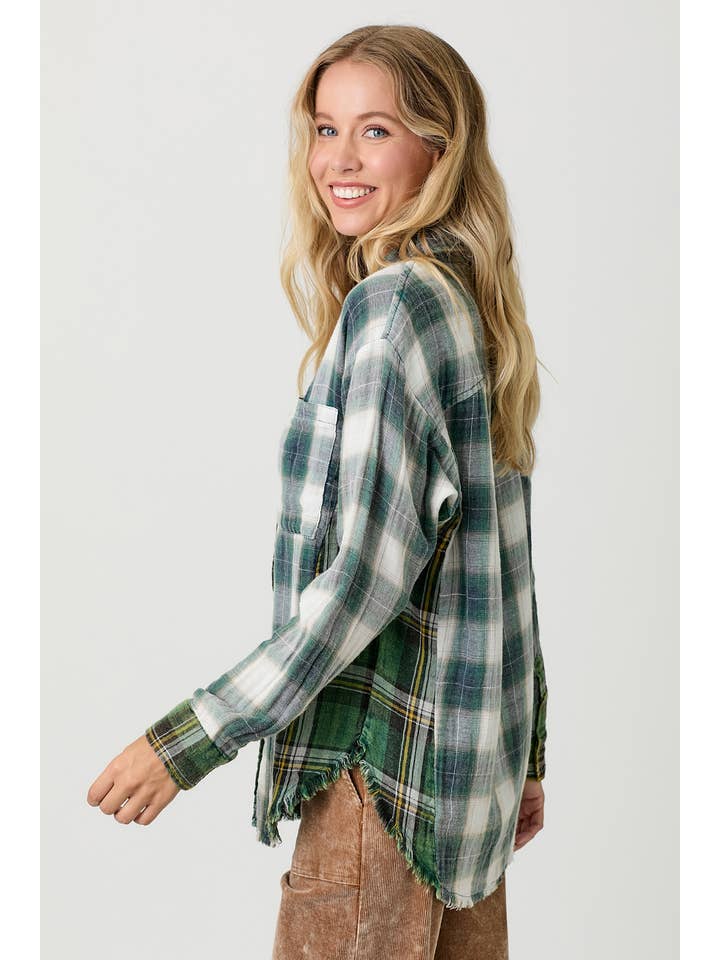 WEEKEND READY WASHED GREEN PLAID SHIRT