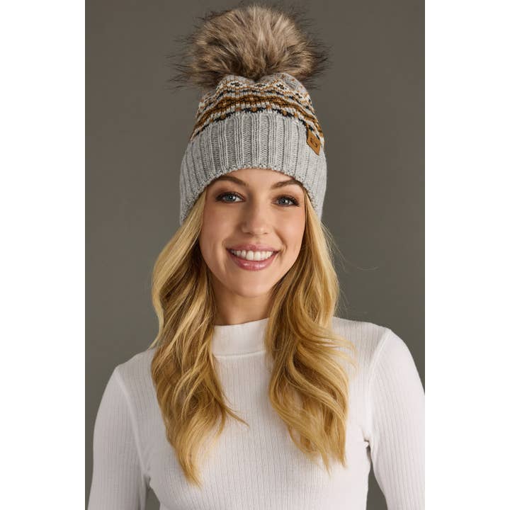 GREY, CAMEL & BLACK POM BEANIE HAT
