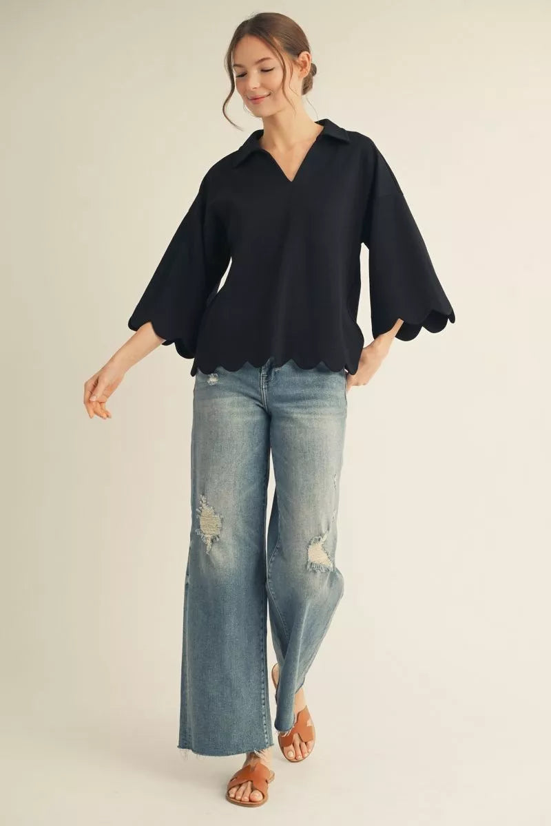 GABBIE BLACK KNIT TOP WITH SCALLOP HEM
