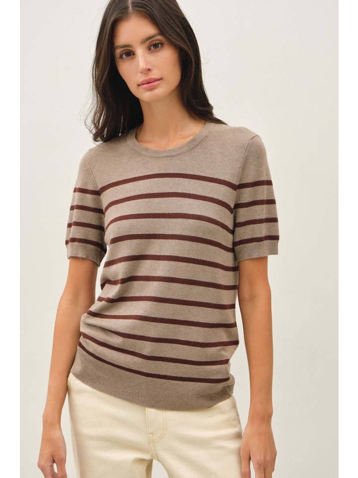 VIOLA HAZELNUT STRIPE SHORT SLEEVE SWEATER