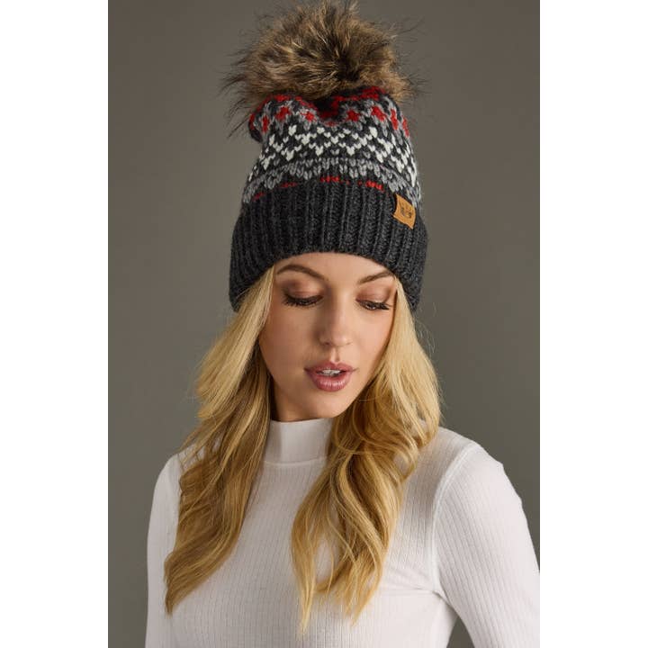 DARK GREY, RED AND WHITE POM HAT
