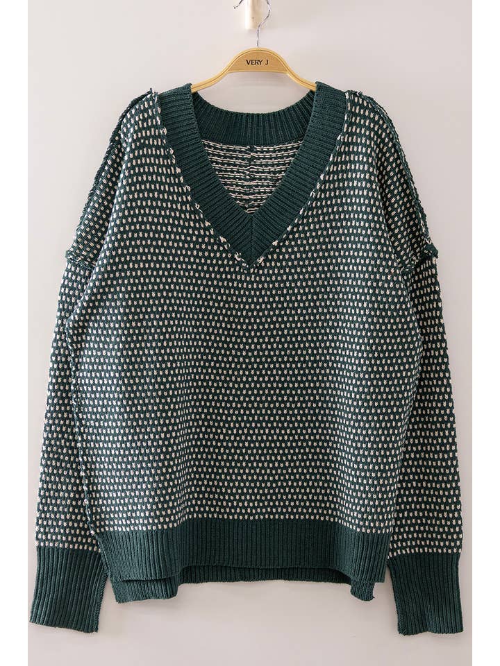 FOREST GREEN CONTRAST STITCH V-NECK SWEATER