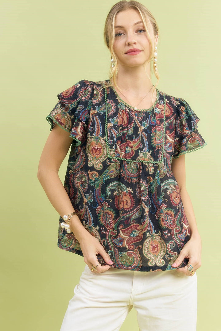 ELLIS PAISLEY FLORAL RUFFLE SLEEVE TOP