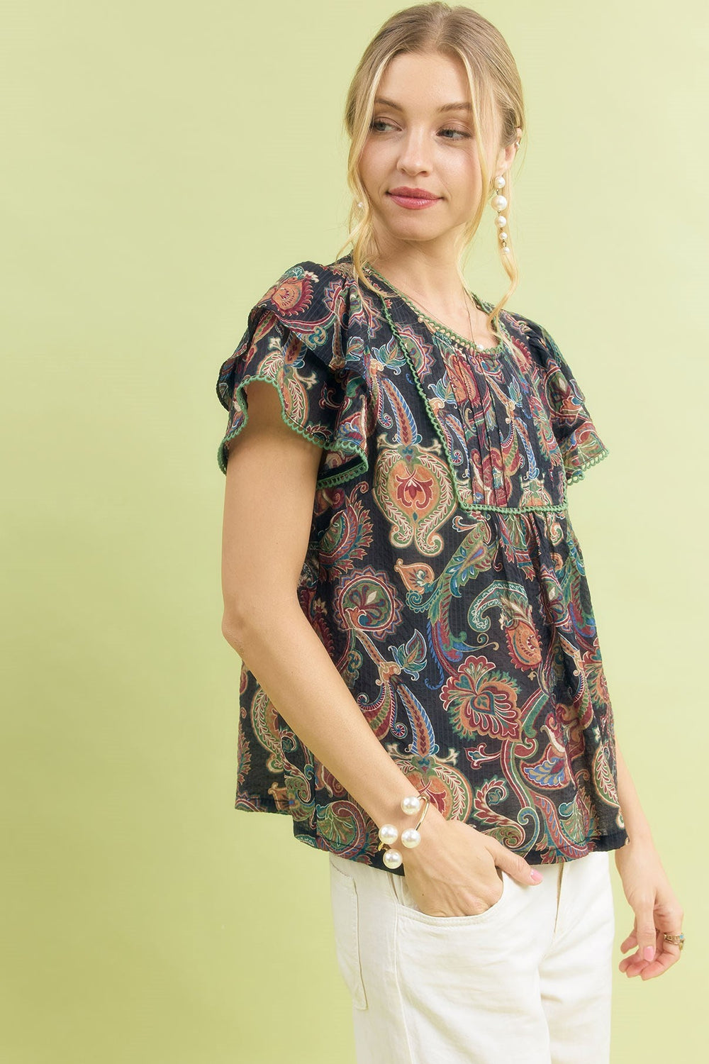 ELLIS PAISLEY FLORAL RUFFLE SLEEVE TOP
