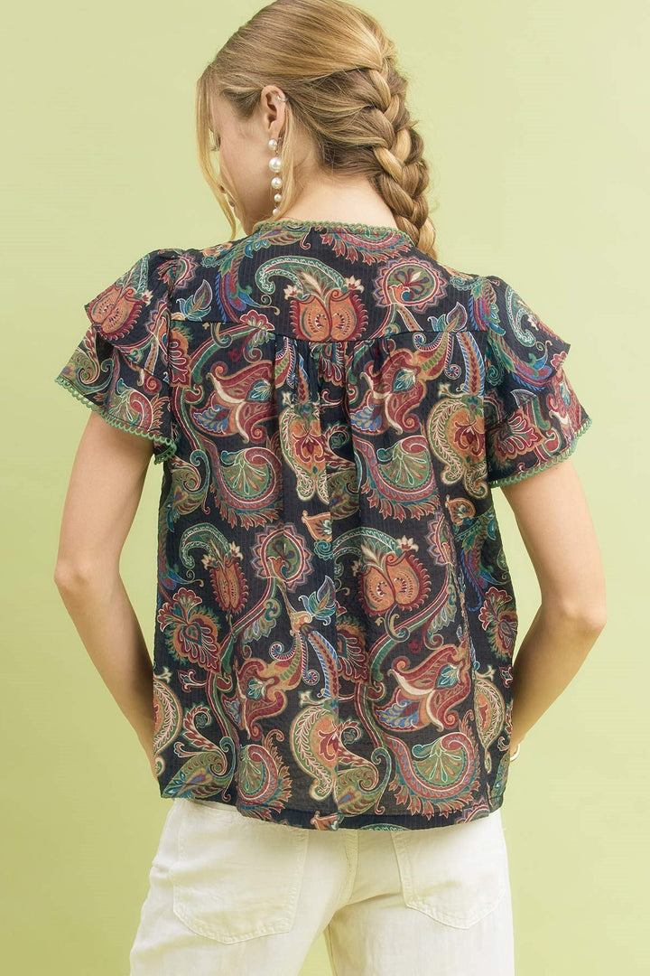 ELLIS PAISLEY FLORAL RUFFLE SLEEVE TOP