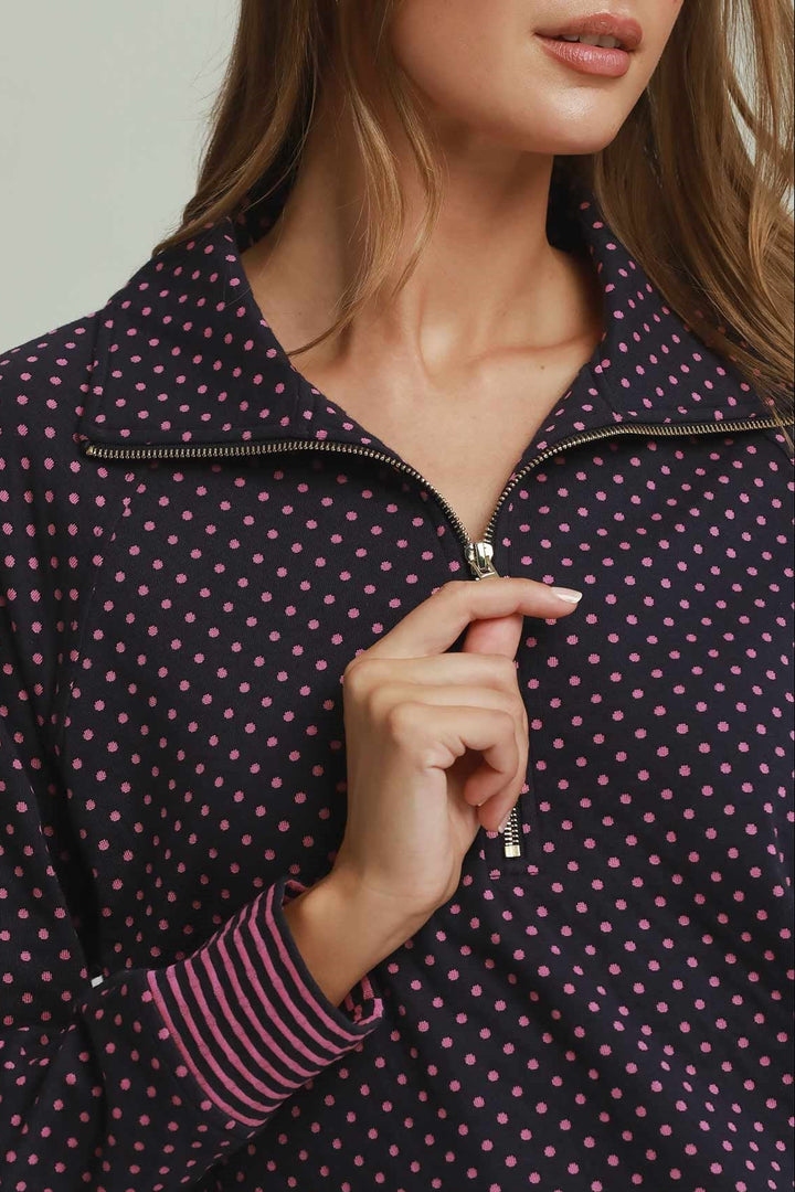 JENNA NAVY & PINK POLKADOT HALF  ZIP TOP