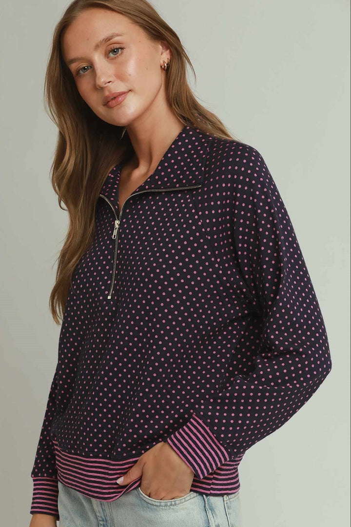 JENNA NAVY & PINK POLKADOT HALF  ZIP TOP