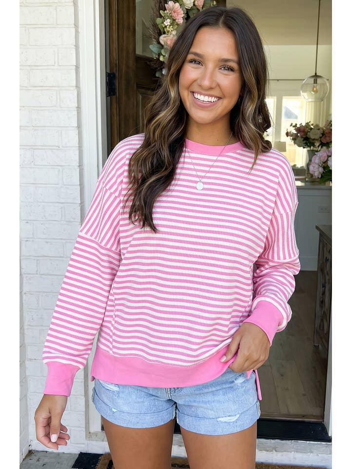 PINK STRIPE SIDE SLIT CREW