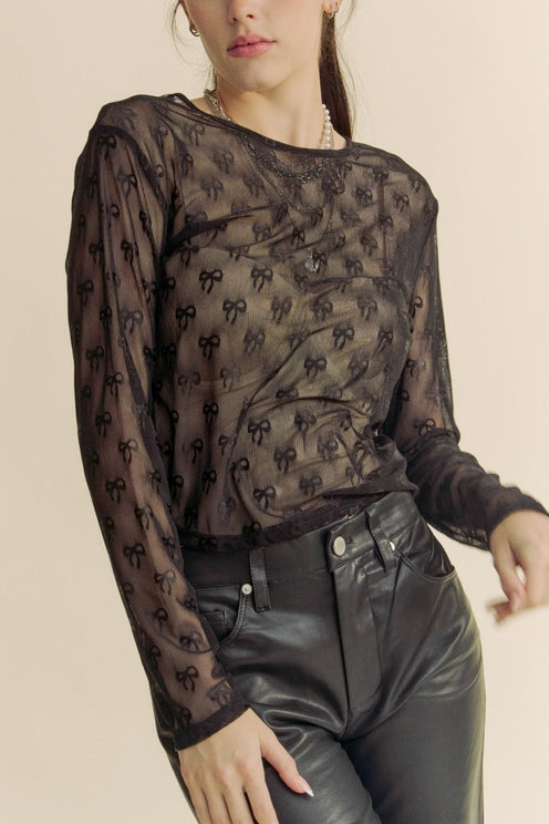 BLACK BOW EMBROIDERED MESH LAYERING TOP