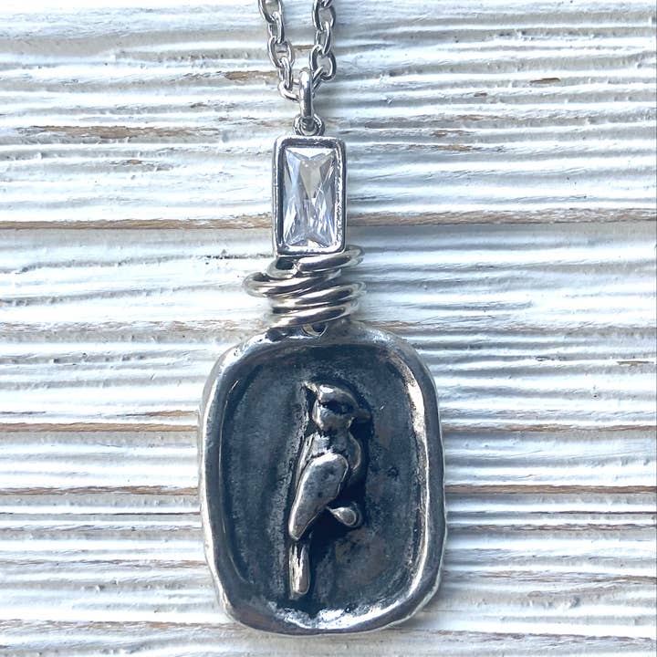 SILVER CARDINAL & CRYSTAL  MEMORIAL PENDANT NECKLACE
