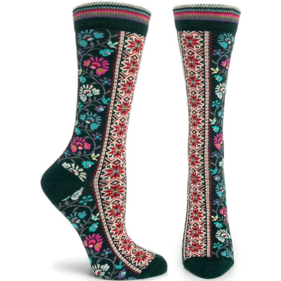GREEN FLORAL RIBBON CREW SOCKS
