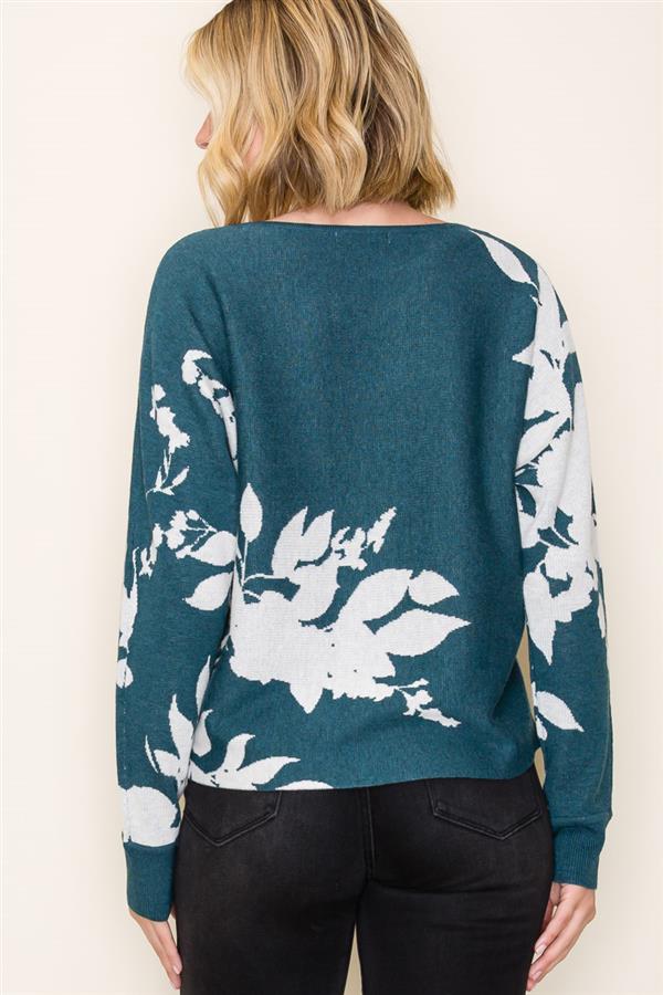 KATE TEAL FLORAL JACQUARD SWEATER