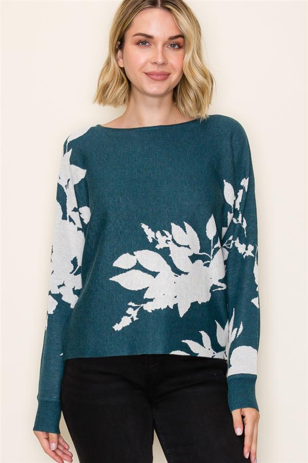 KATE TEAL FLORAL JACQUARD SWEATER
