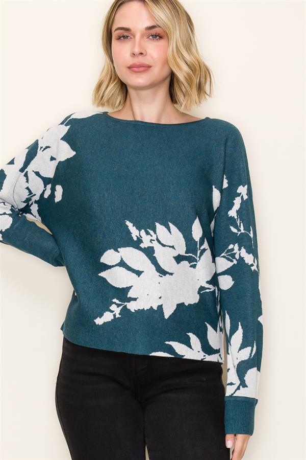 KATE TEAL FLORAL JACQUARD SWEATER
