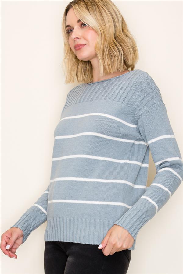 DUSTY BLUE BOATNECK STRIPE SWEATER