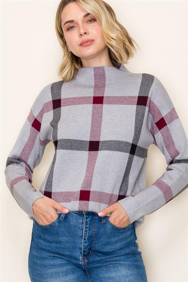 LIBBY HEATHER GREY CHECK JACQUARD KNIT SWEATER
